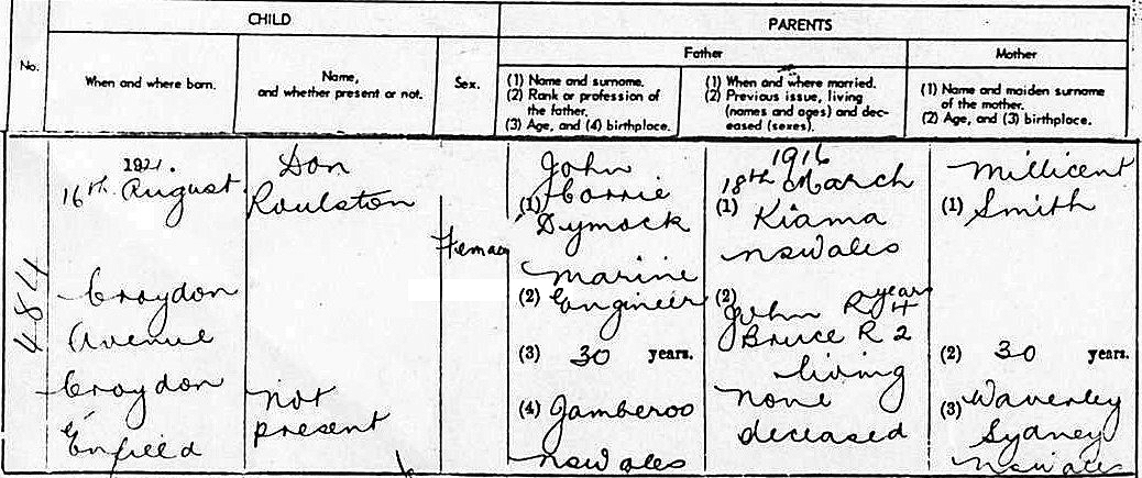Don’s Birth Certificate 16th August 1921